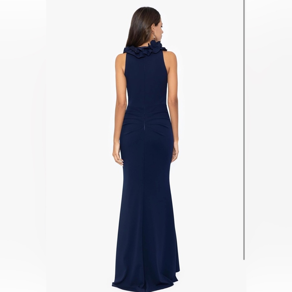 Xscape Women's Elegant V-Neck Scuba Crepe Dress with Ruffle Detail - Size 10 - Picture 2 of 10